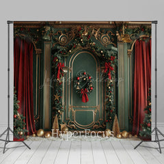 Lofaris Red Curtain Green Wall Christmas Room Set Backdrop