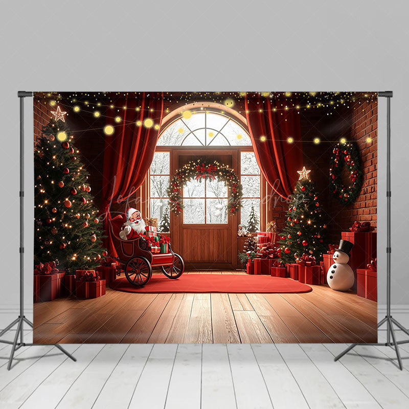 Lofaris Red Curtain Mat Santa Window Snow Christmas Backdrop