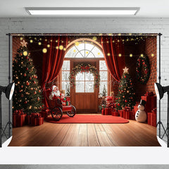 Lofaris Red Curtain Mat Santa Window Snow Christmas Backdrop