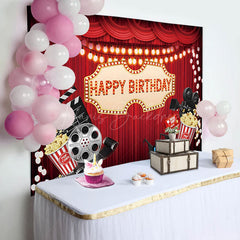 Lofaris Red Curtain Popcorn Movie Night Birthday Backdrop