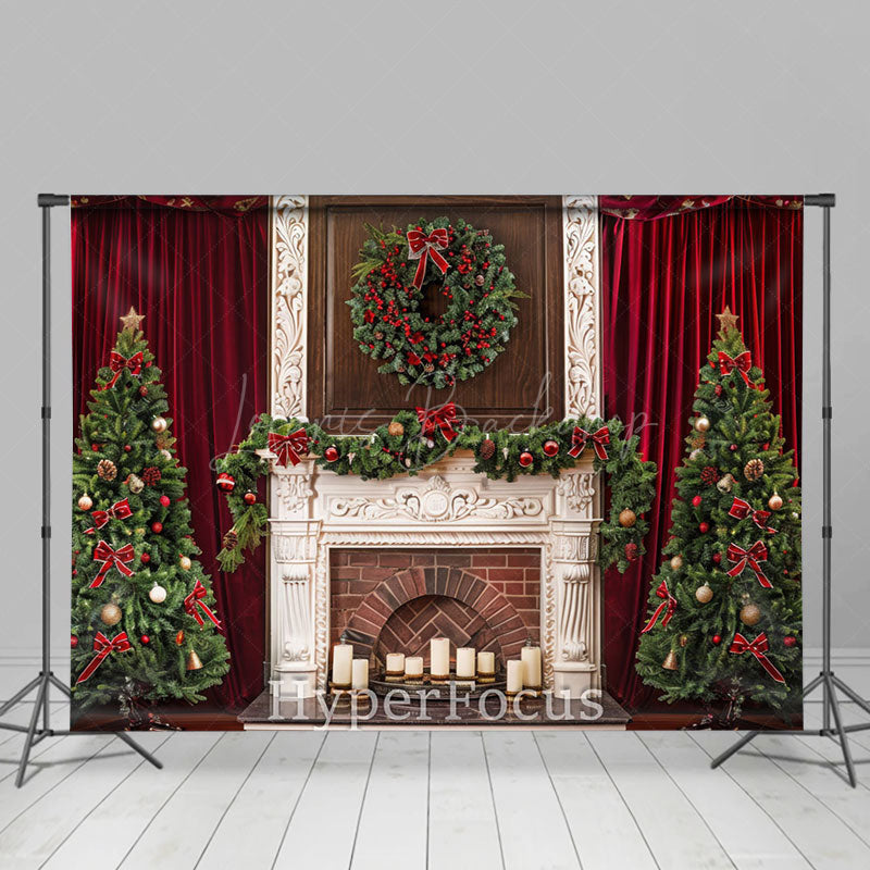 Lofaris Red Curtain White Fireplace Tree Christmas Backdrop