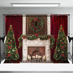 Lofaris Red Curtain White Fireplace Tree Christmas Backdrop