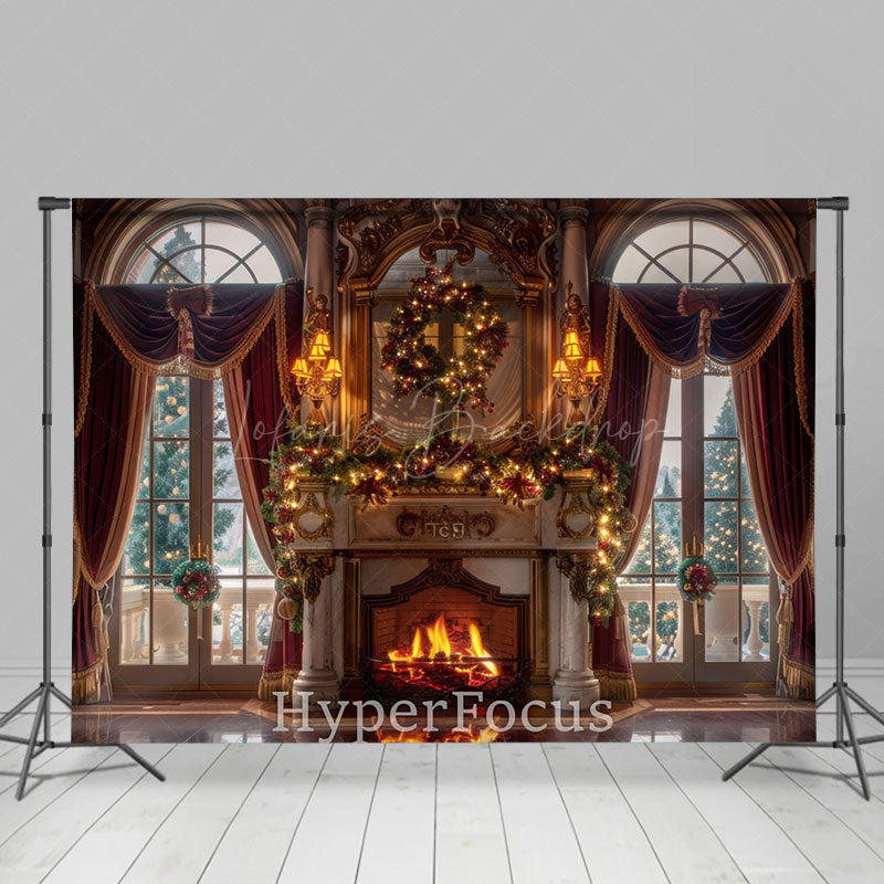 Lofaris Red Curtain Window Fireplace Christmas Vibe Backdrop