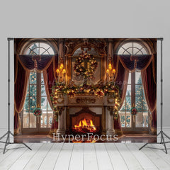 Lofaris Red Curtain Window Fireplace Christmas Vibe Backdrop