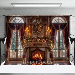 Lofaris Red Curtain Window Fireplace Christmas Vibe Backdrop