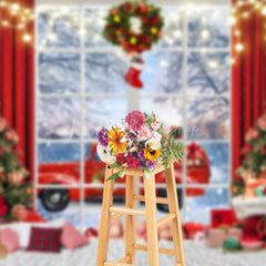 Lofaris Red Curtain Window Gift Truck Christmas Backdrop