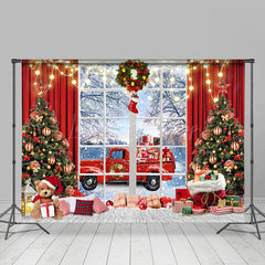 Lofaris Red Curtain Window Gift Truck Christmas Backdrop