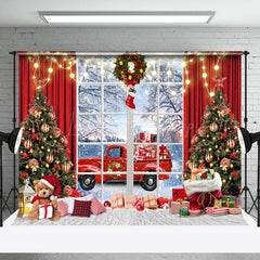 Lofaris Red Curtain Window Gift Truck Christmas Backdrop