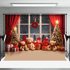 Lofaris Red Curtain Window Teddy Bear Snow Christmas Backdrop