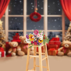 Lofaris Red Curtain Window Teddy Bear Snow Christmas Backdrop