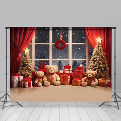 Lofaris Red Curtain Window Teddy Bear Snow Christmas Backdrop