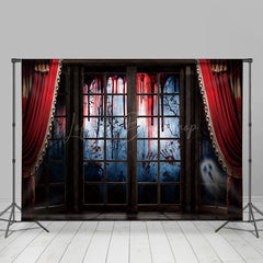 Lofaris Red Curtain Windows Scary Forest Halloween Backdrop