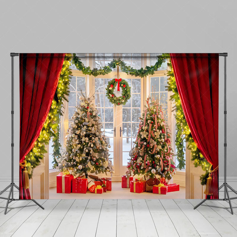 Lofaris Red Curtains Garland Christmas Tree Photo Backdrop