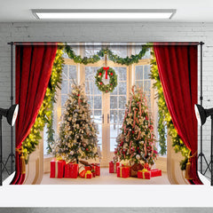 Lofaris Red Curtains Garland Christmas Tree Photo Backdrop