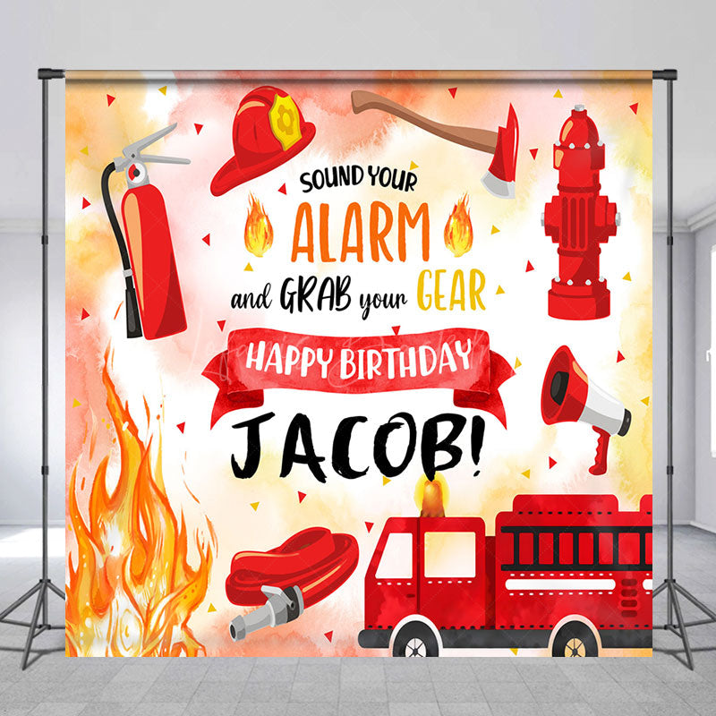 Lofaris Red Firefighting Custom Name Boy Birthday Backdrop