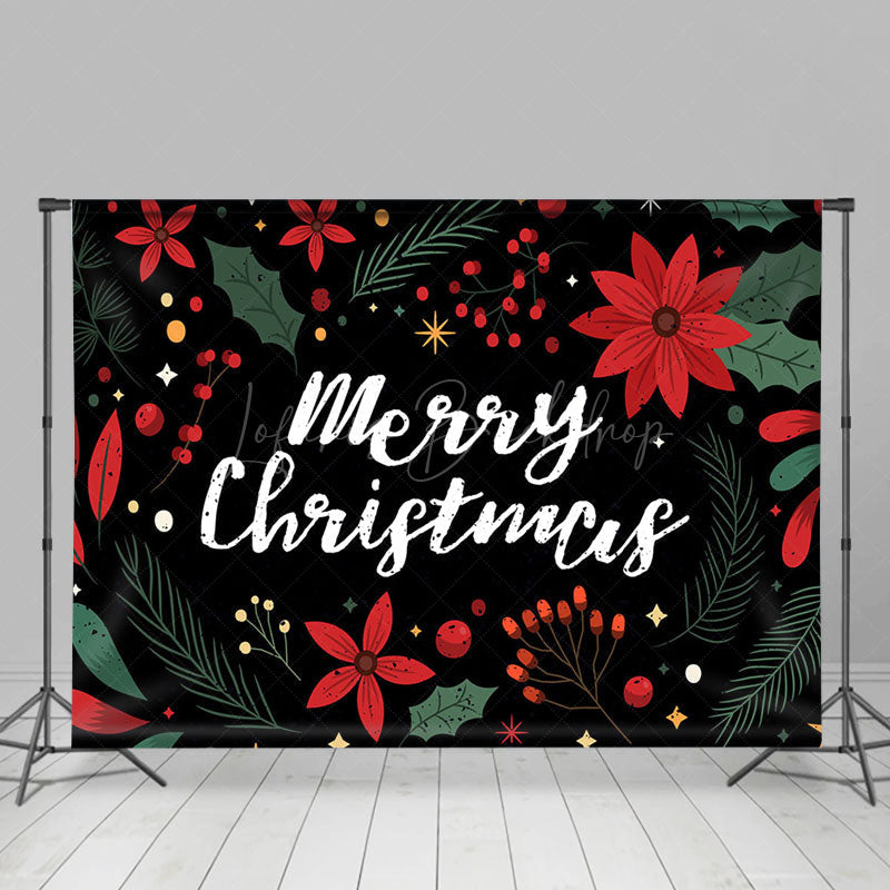 Lofaris Red Floral Green Leaf Black Merry Christmas Backdrop