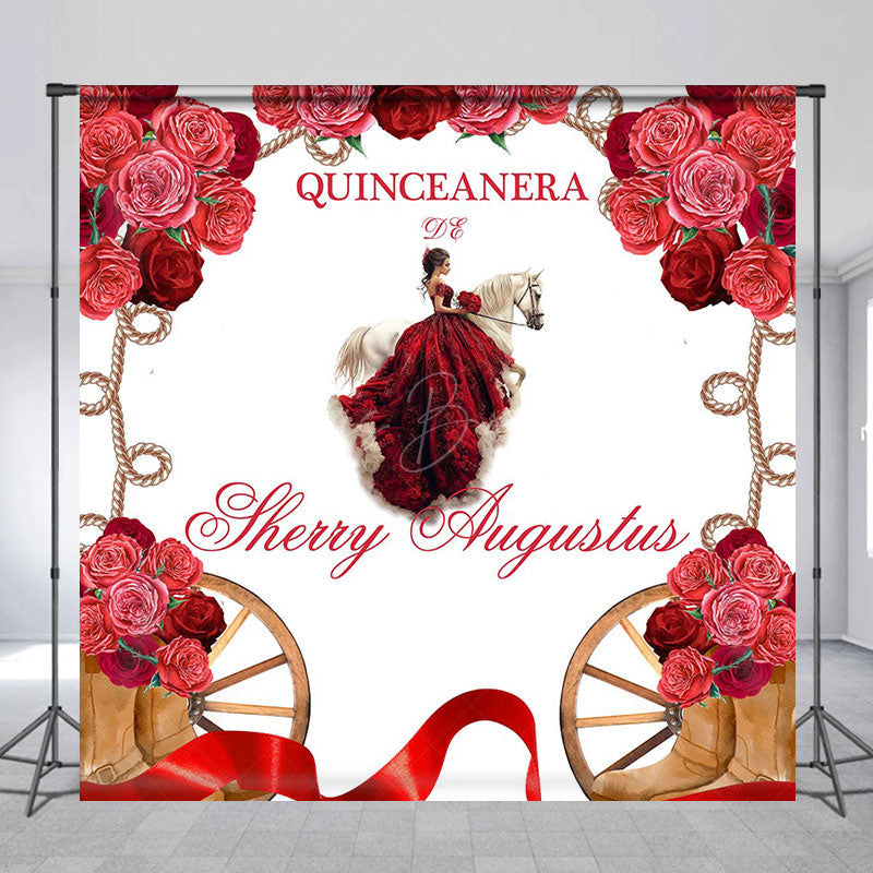 Lofaris Red Floral Horse Custom Name Quinceanera Backdrop