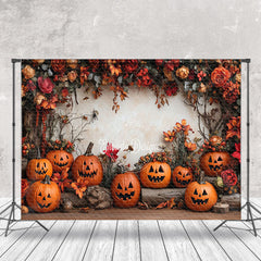 Lofaris Red Floral Tree Stump Pumpkins Halloween Backdrop