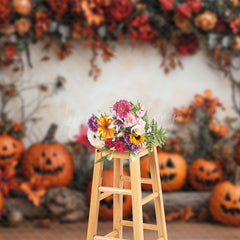 Lofaris Red Floral Tree Stump Pumpkins Halloween Backdrop