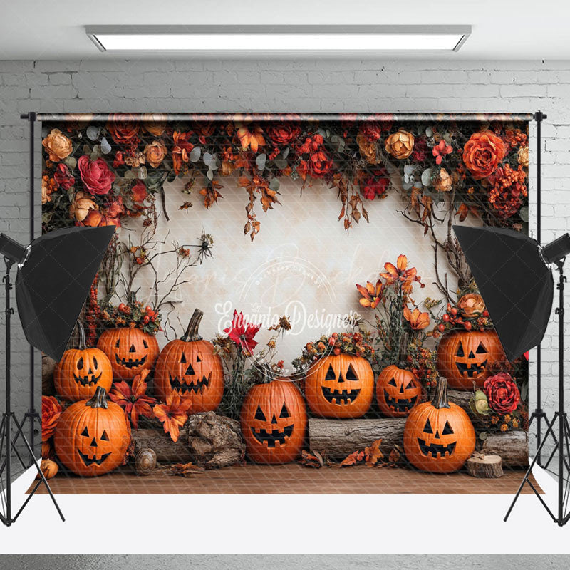 Lofaris Red Floral Tree Stump Pumpkins Halloween Backdrop