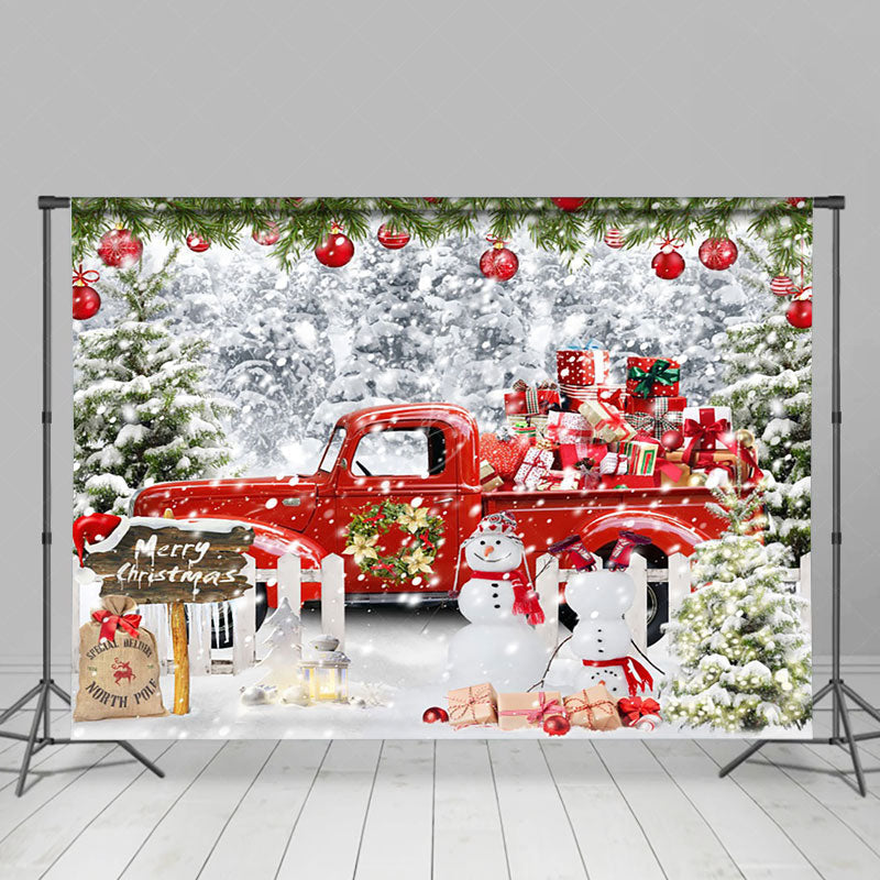 Lofaris Red Gift Truck Snowman Winter Christmas Backdrop