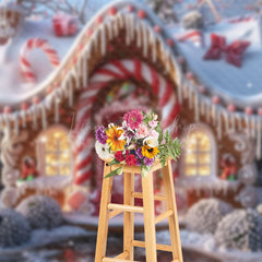 Lofaris Red Gingerbread House Candy Cane Xmas Backdrop