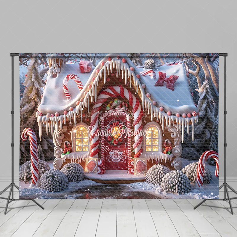 Lofaris Red Gingerbread House Candy Cane Xmas Backdrop