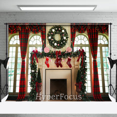 Lofaris Red Green Plaid Fireplace Window Christmas Backdrop