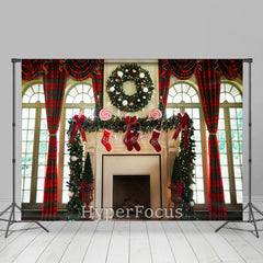 Lofaris Red Green Plaid Fireplace Window Christmas Backdrop