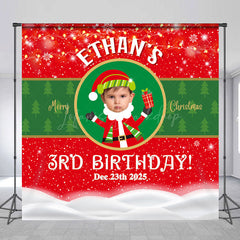 Lofaris Red Green Tree Christmas Custom 3rd Birthday Backdrop