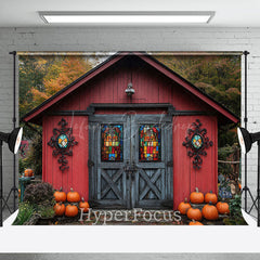 Lofaris Red Grey Wooden Barn Forest Pumpkin Autumn Backdrop