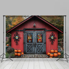 Lofaris Red Grey Wooden Barn Forest Pumpkin Autumn Backdrop