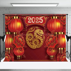 Lofaris Red Lantern Floral Gold Snake 2025 New Year Backdrop