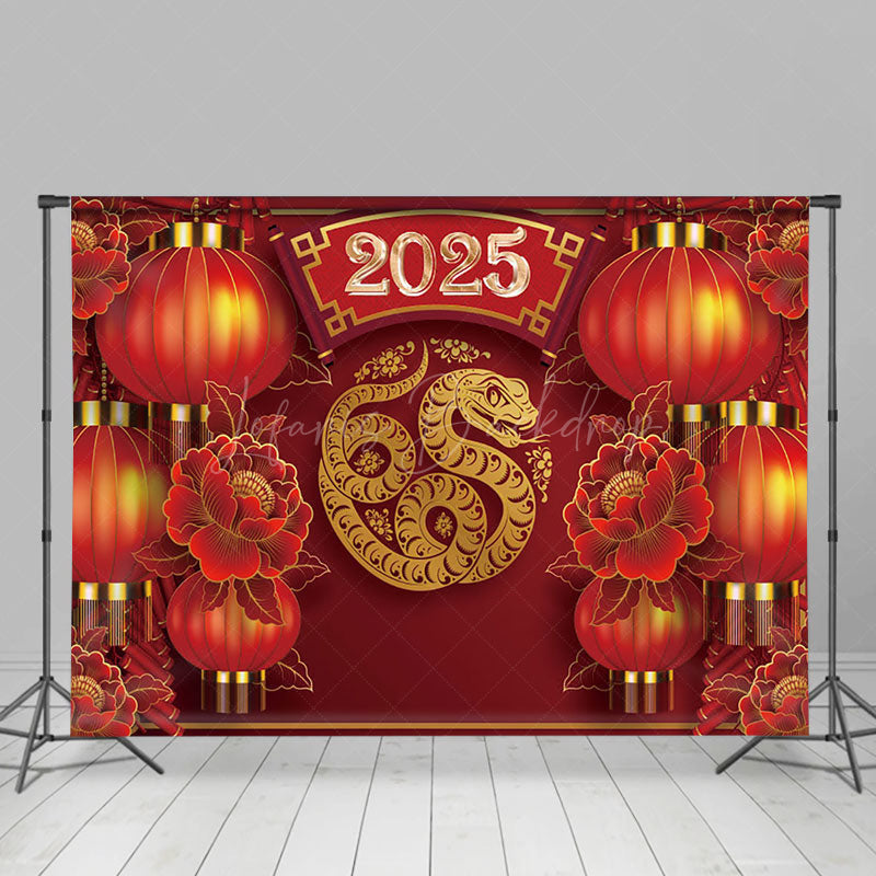 Lofaris Red Lantern Floral Gold Snake 2025 New Year Backdrop