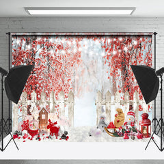 Lofaris Red Leaves Snow Forest Snowman Christmas Backdrop