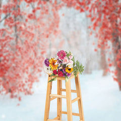 Lofaris Red Leaves Tree Forest Snow Winter Photo Backdrop