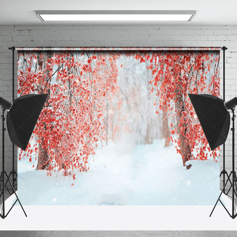 Lofaris Red Leaves Tree Forest Snow Winter Photo Backdrop