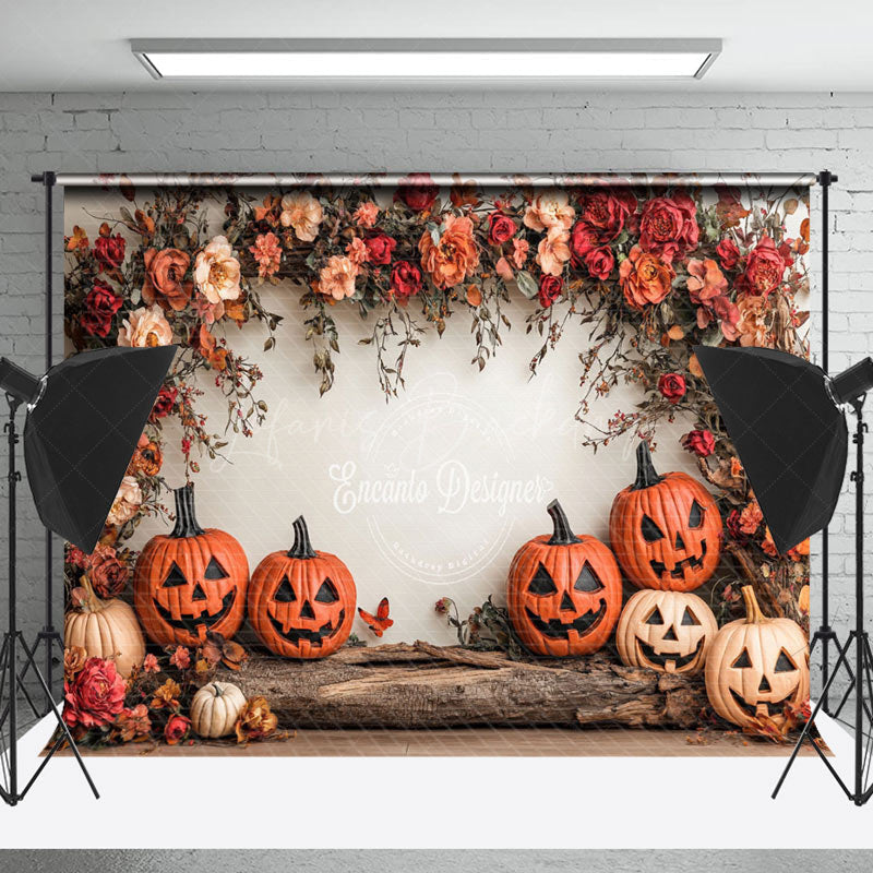 Lofaris Red Pink Floral Trunk Pumpkins Halloween Backdrop