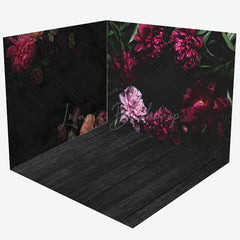 Lofaris Red Pink Floral Wood Floor Fine Art Room Set Backdrop