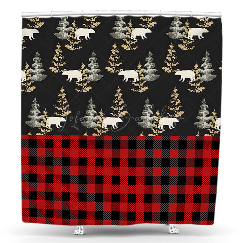 Lofaris Red Plaid Bear Crossing Christmas Shower Curtain