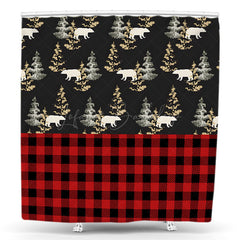 Lofaris Red Plaid Bear Crossing Christmas Shower Curtain