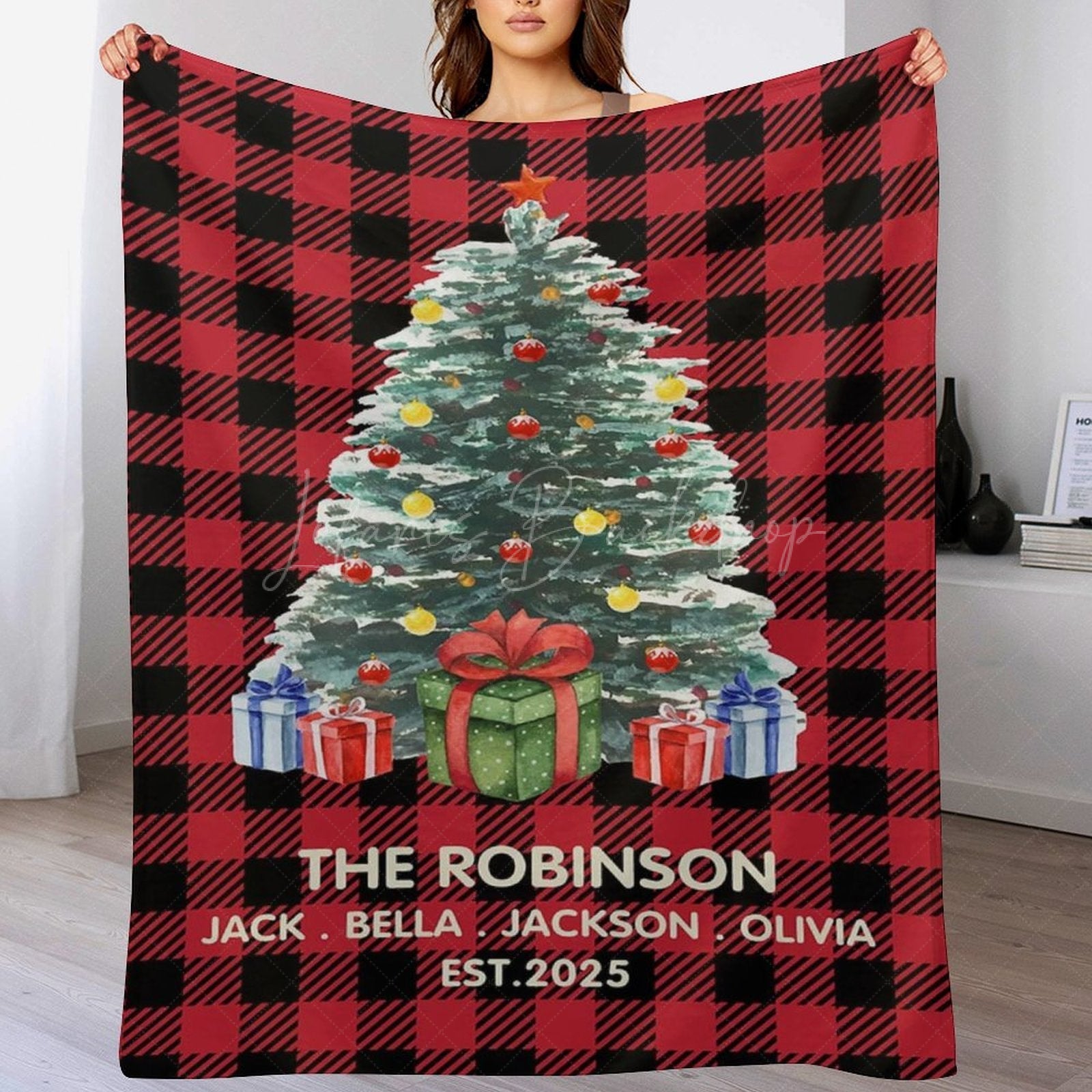 Lofaris Red Plaid Christmas Gift Custom Name Blanket For Kids