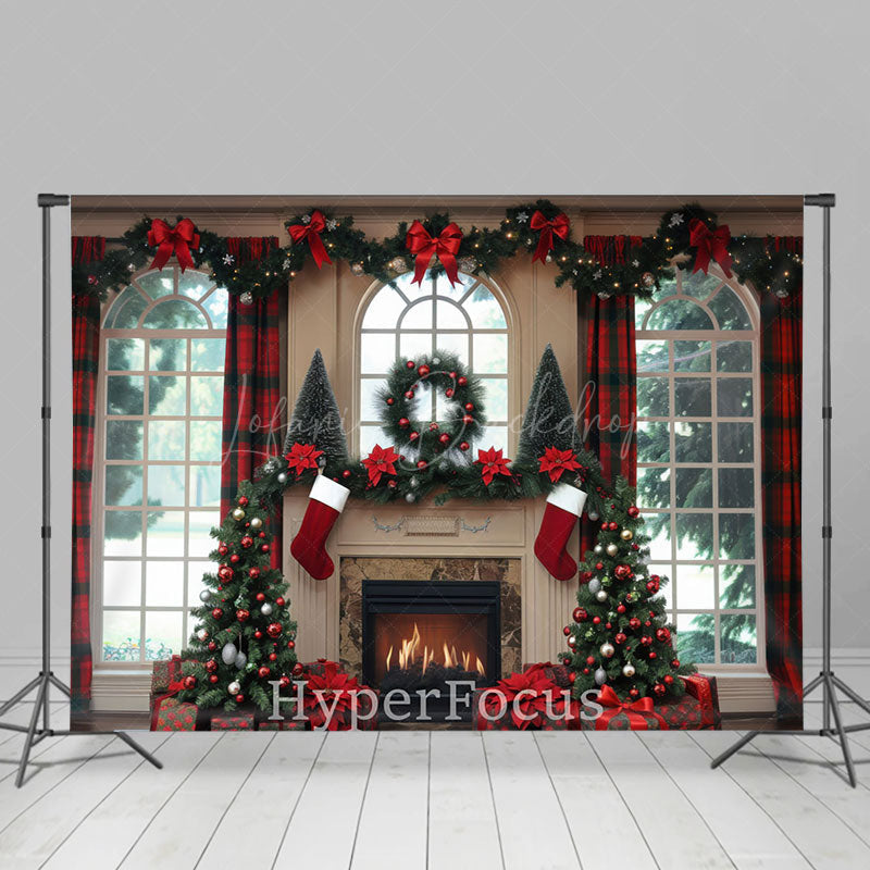 Lofaris Red Plaid Curtain Fireplace Window Scene Backdrop