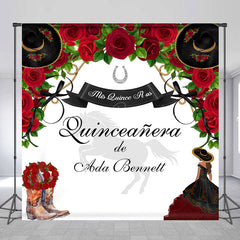 Lofaris Red Rose Cowgirl Custom Name Quinceanera Backdrop