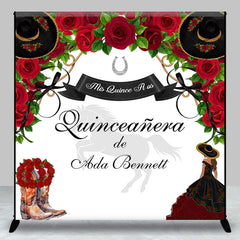 Lofaris Red Rose Cowgirl Custom Name Quinceanera Backdrop