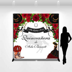 Lofaris Red Rose Cowgirl Custom Name Quinceanera Backdrop