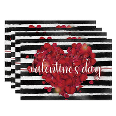 Lofaris Red Rose Petals Black White Stripe Set Of 4 Placemats