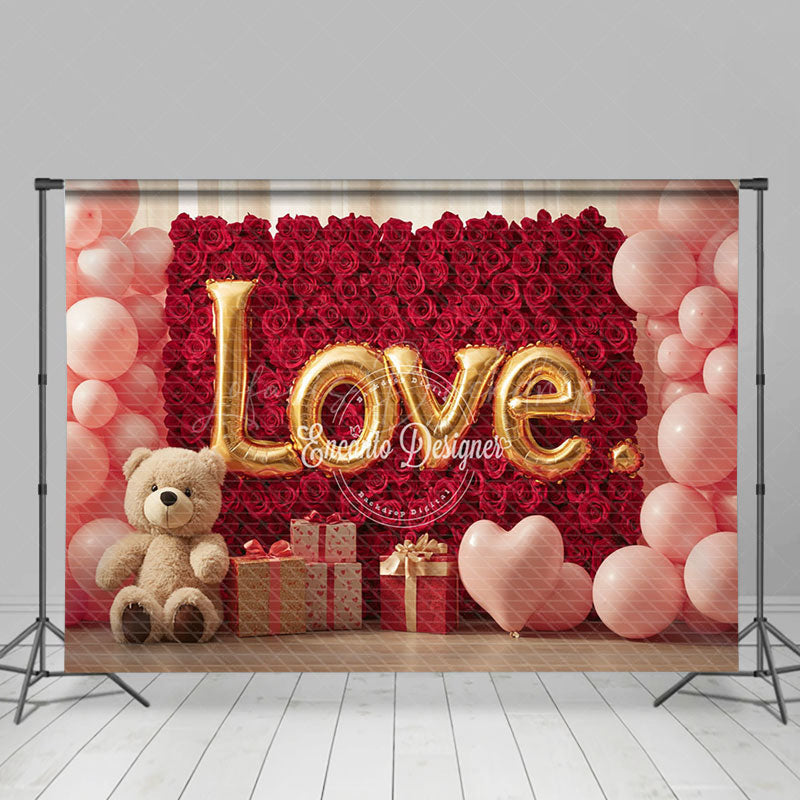 Lofaris Red Rose Wall Pink Balloons Bear Romantic Backdrop