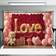 Lofaris Red Rose Wall Pink Balloons Bear Romantic Backdrop