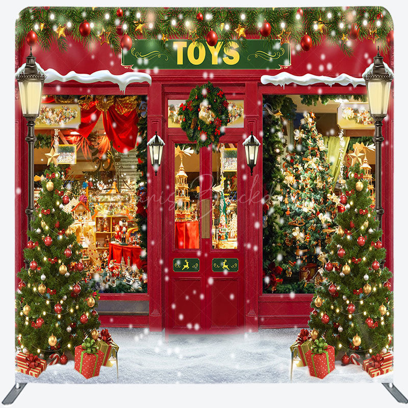 Lofaris Red Snowy Toy Store Wreath Xmas Pillow Case Backdrop